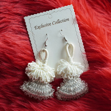 Handmade White Beaded Jhumka Party Wear Earrings
