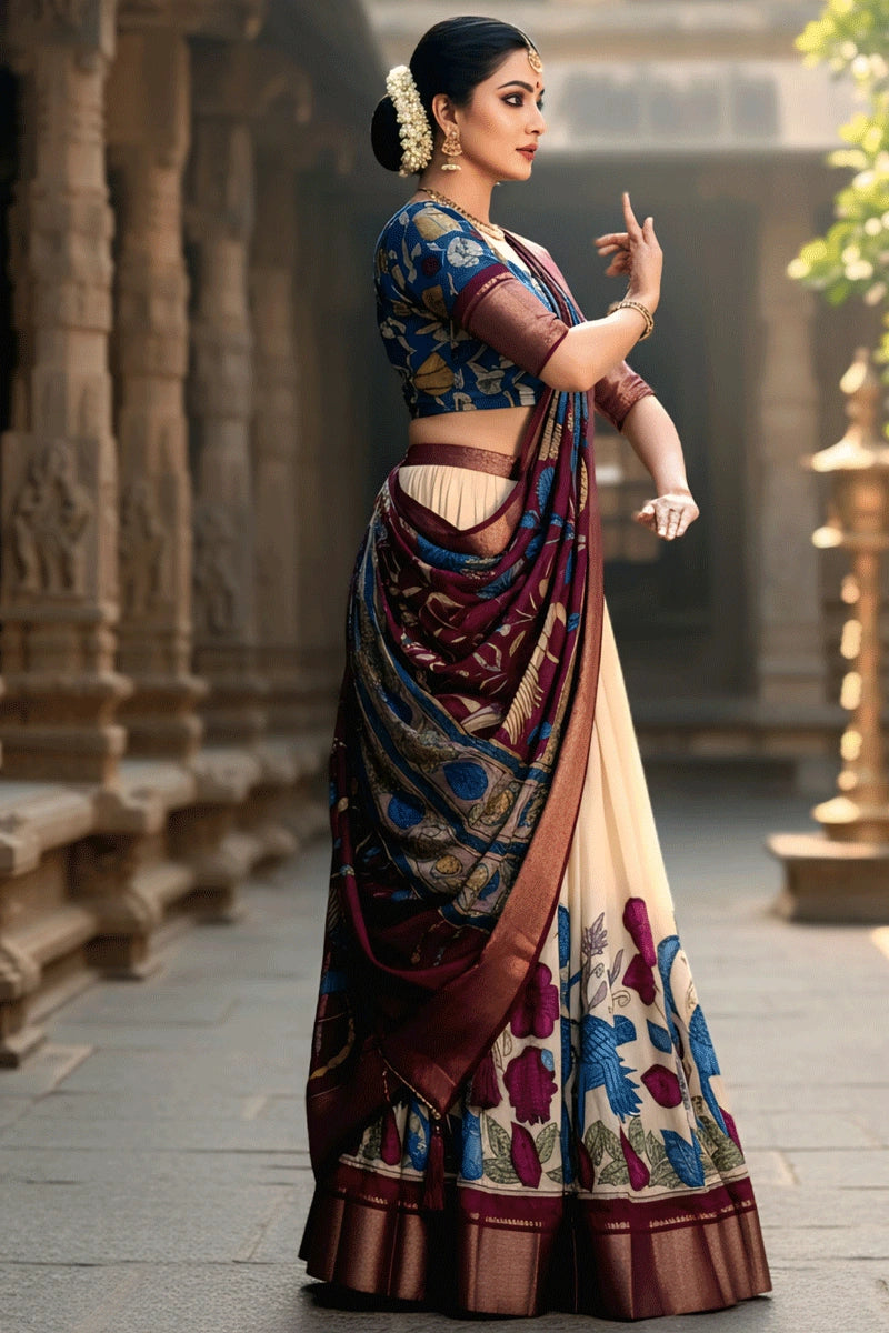 Pongal Festival Special Off White Color Half Saree For Gen Z Girl