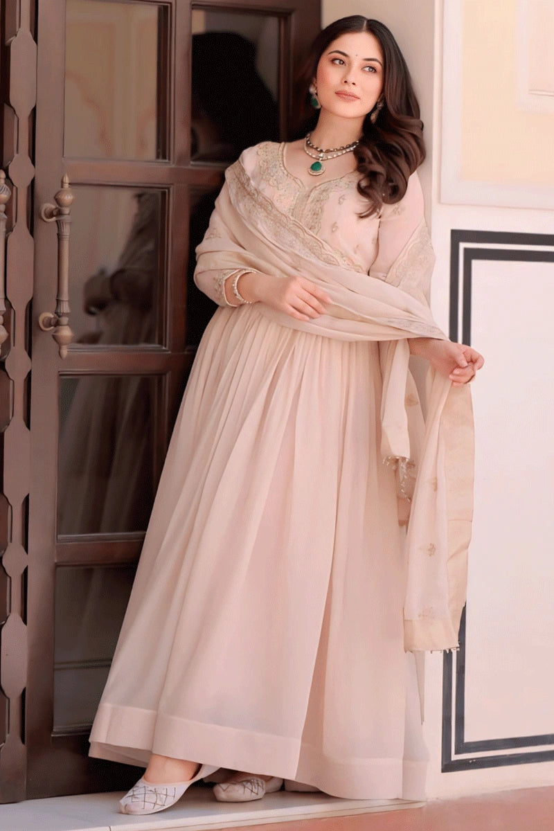 Cream Color Embroidery Long Gown For Diwali