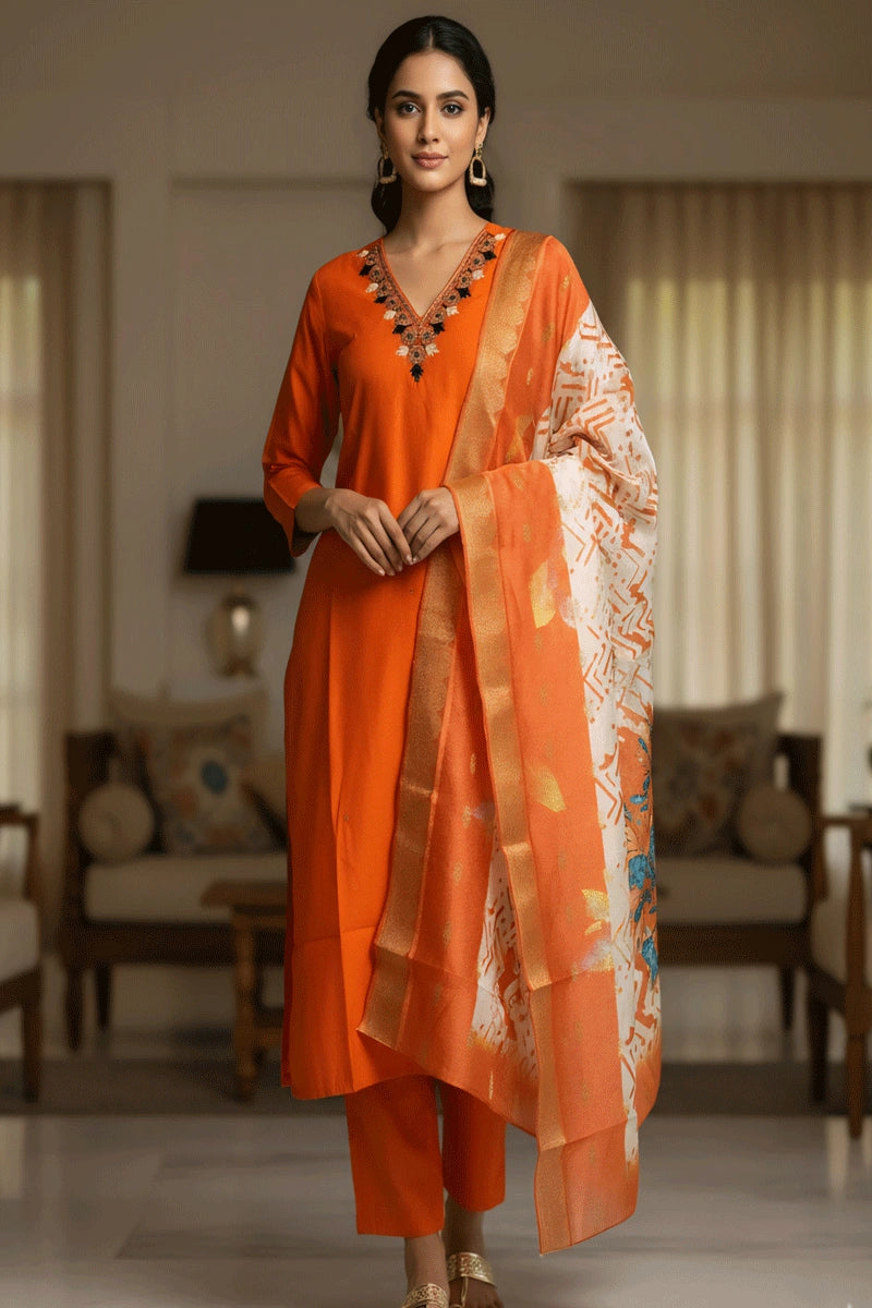 Beautiful Hand Work Orange Color Kurti Set For Girl