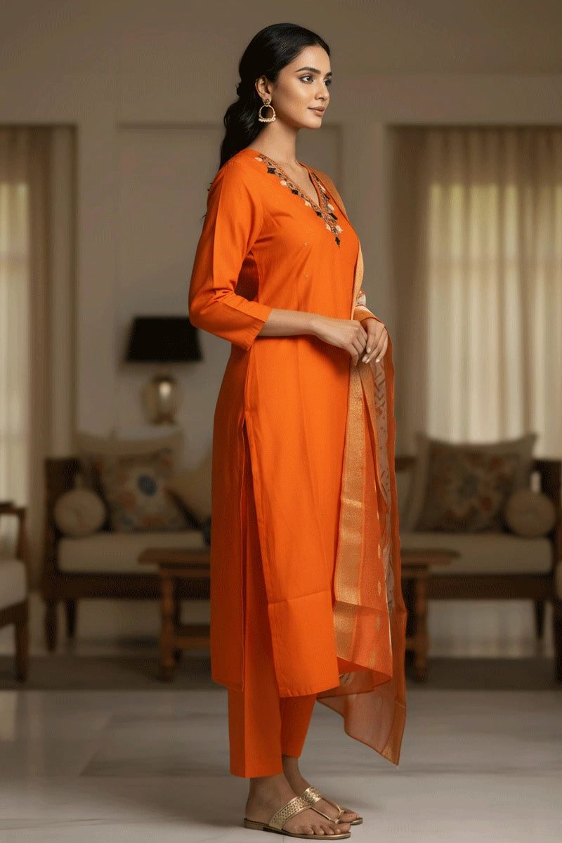 Beautiful Hand Work Orange Color Kurti Set For Girl