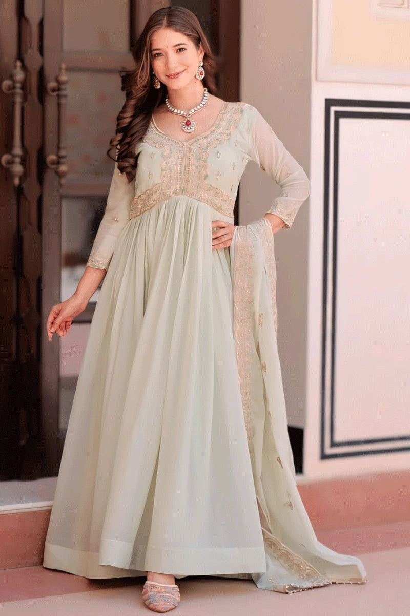 Diwali Special Pista Color Long Gown For Girl