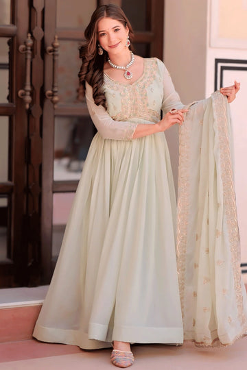 Diwali Special Pista Color Long Gown For Girl