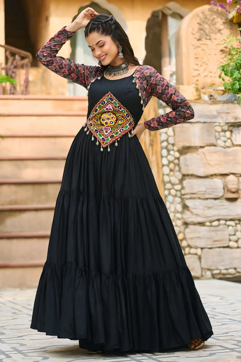 Gamthi Work Long Cotton Gown For Navratri Festival