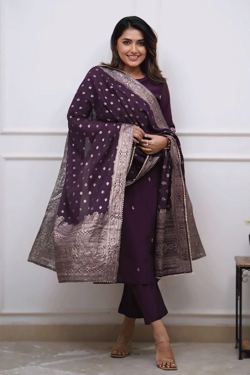 Purple Color Embroidery Work Dress For Diwali