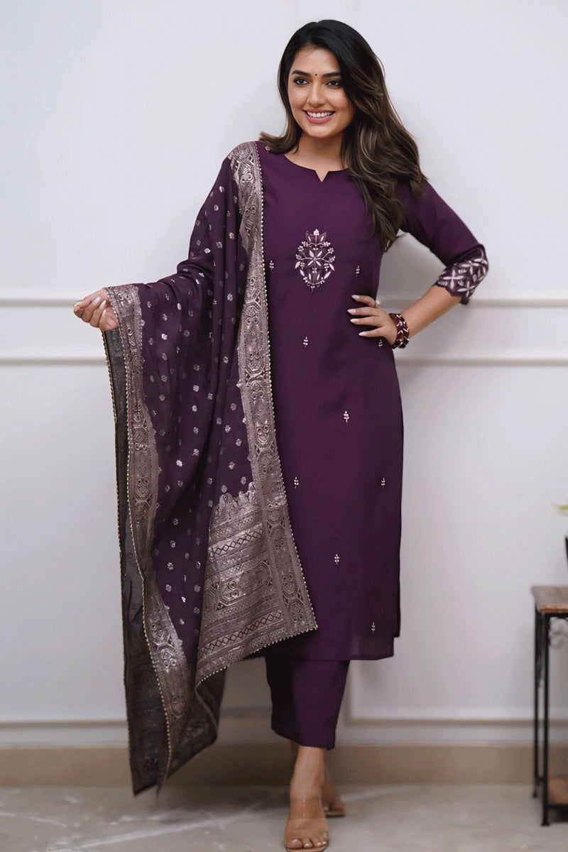 Purple Color Embroidery Work Dress For Diwali