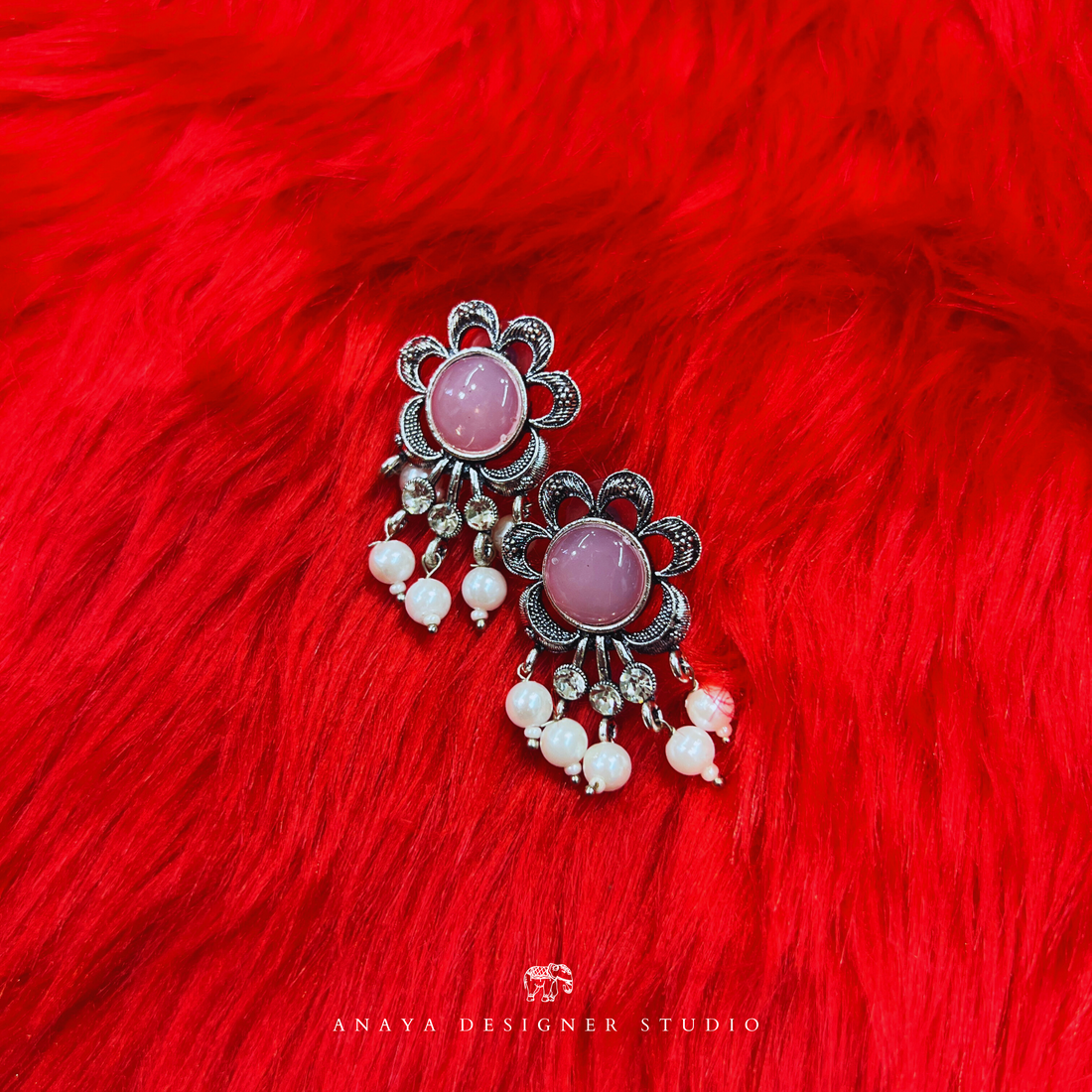 Pink Stone Oxidised Earrings For Wedding