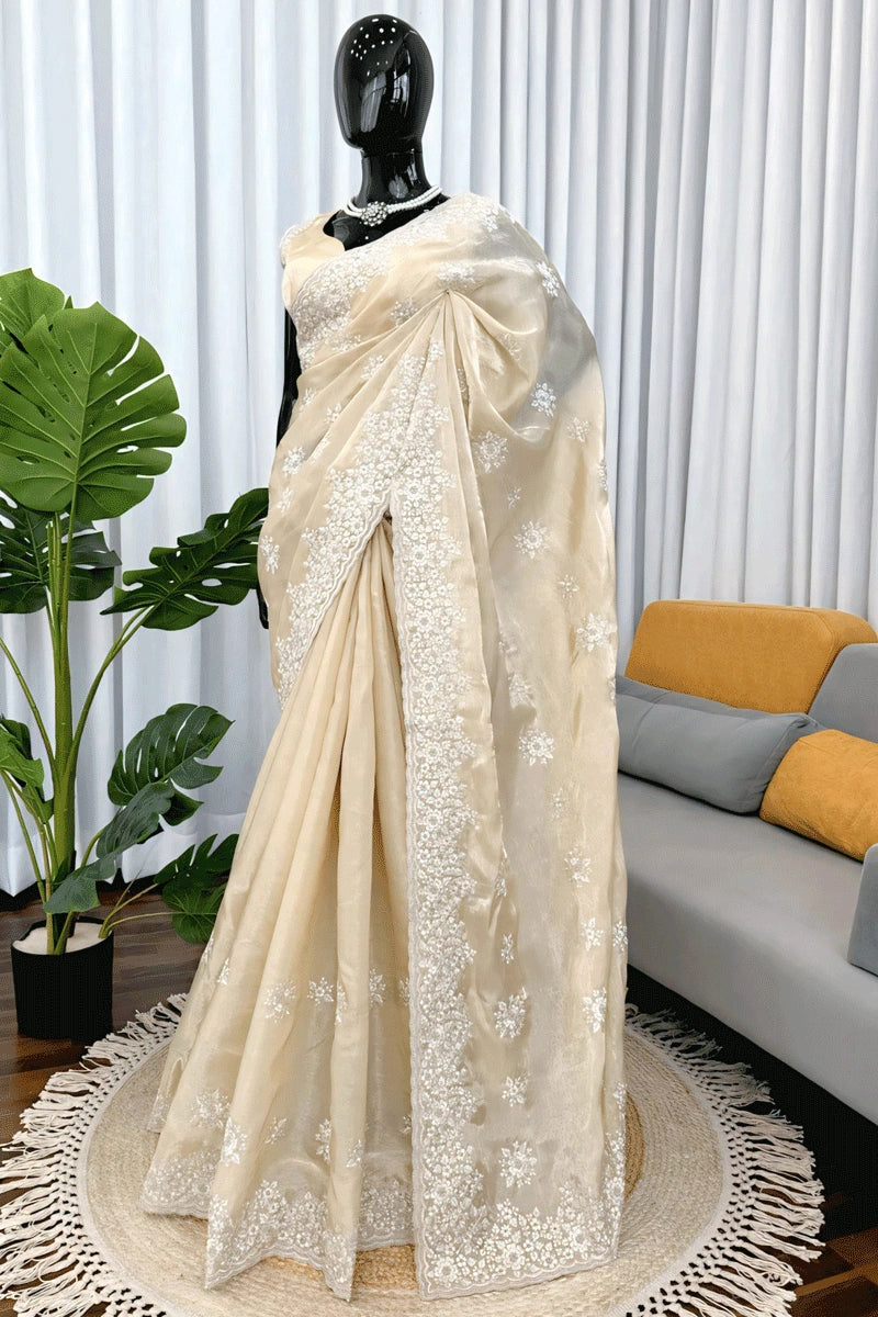 Traditional Off-White Color Embroidery Work Saree For Diwali