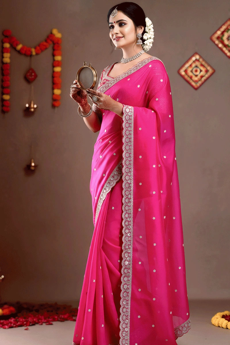 Traditional Pink Color Sequnce Work Saree For Karwa Chauth