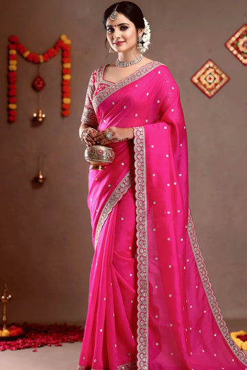 Traditional Pink Color Sequnce Work Saree For Karwa Chauth