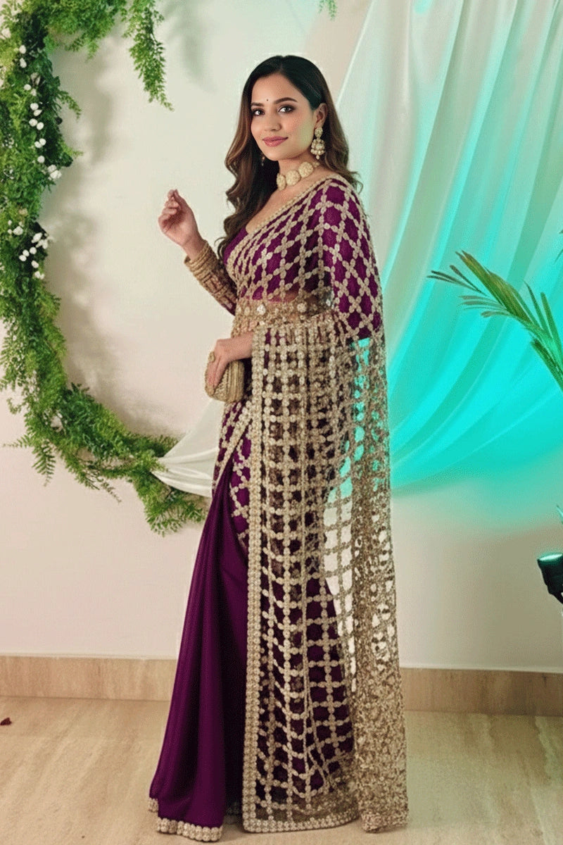 Designer Wine Color Real Mirror Work Saree For Reception Party