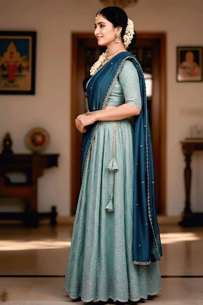 South Indian Sky Blue Embroidery Work  Half Saree For Onam