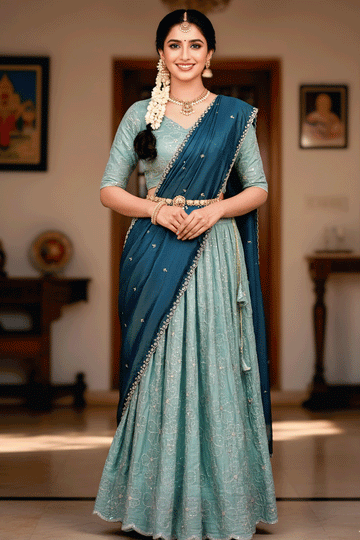 South Indian Sky Blue Embroidery Work  Half Saree For Onam