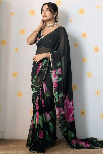 Black Color Floral Print Saree For Farewell Party