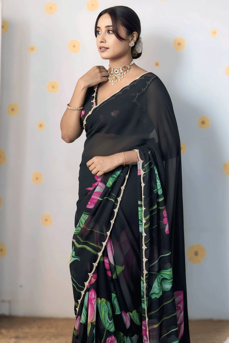 Black Color Floral Print Saree For Farewell Party