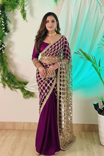 Designer Wine Color Real Mirror Work Saree For Reception Party