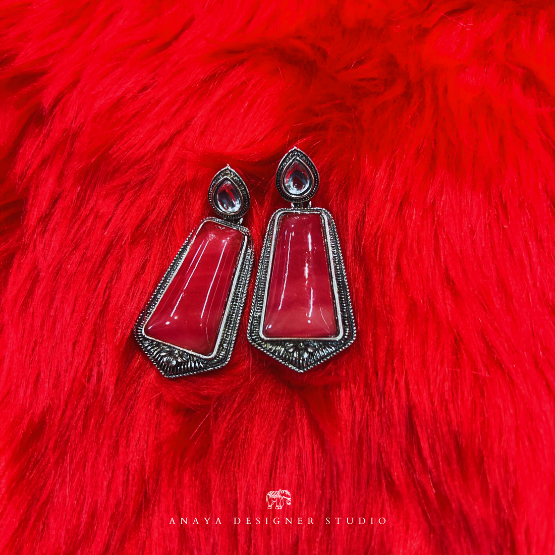 Red and Silver Long Oxidised Earrings For Lehenga