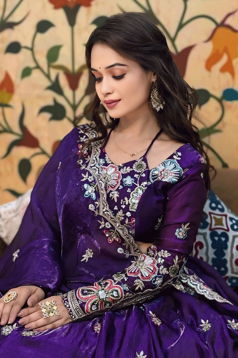 Dark Purple Color Sequin Embroidery Work Half Saree