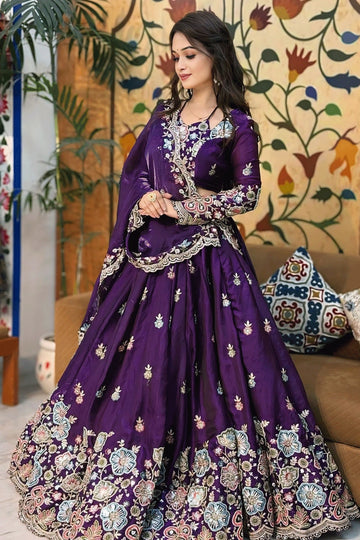 Dark Purple Color Sequin Embroidery Work Half Saree