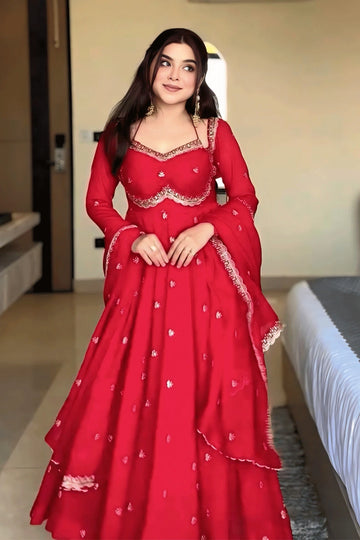 Karwa Chauth Special Red Color Anarkali Suit For Women