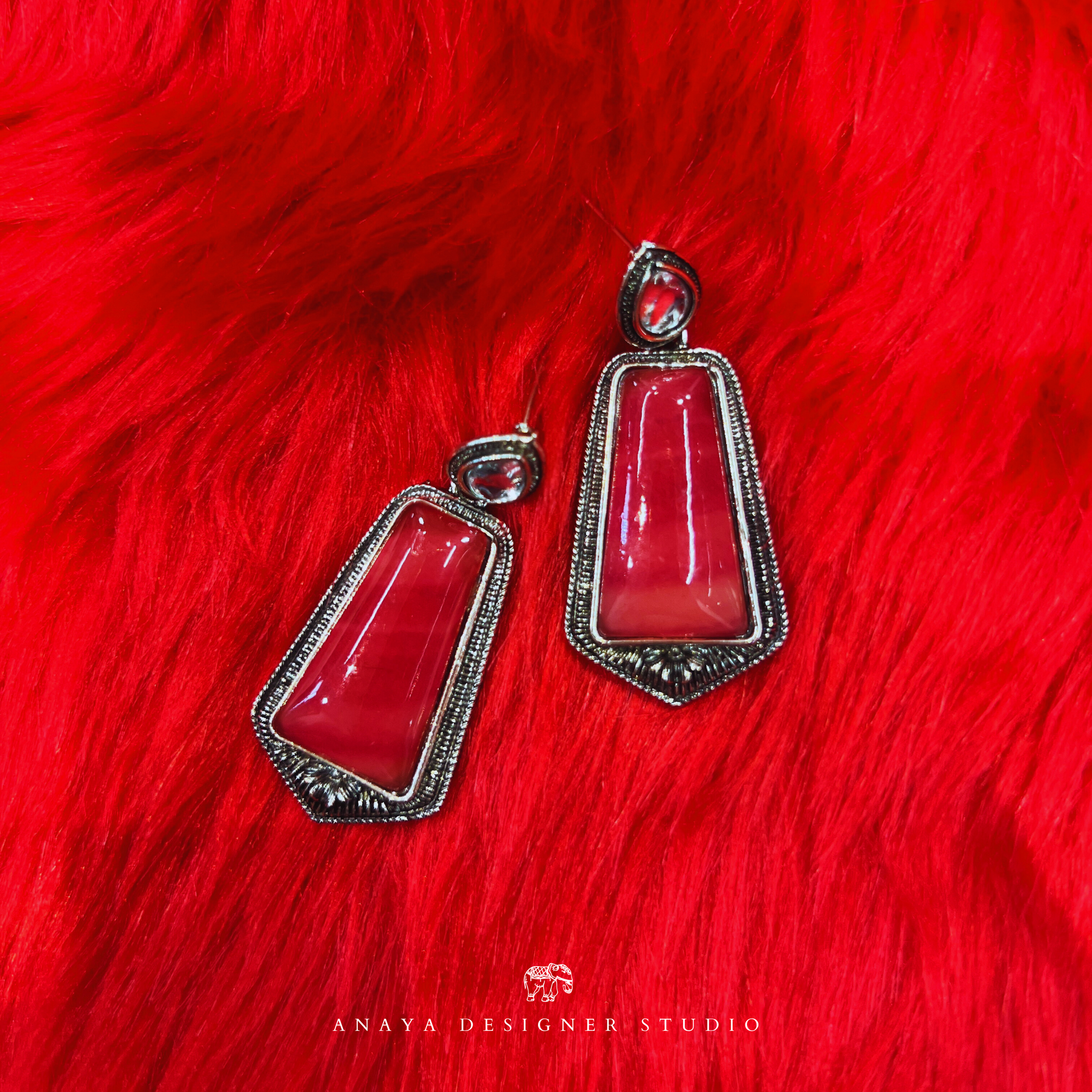 Red and Silver Long Oxidised Earrings For Lehenga