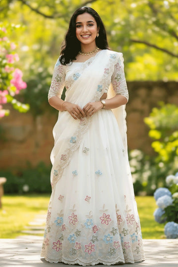 White Color Silk Fabric Embroidery Half Saree For Girl