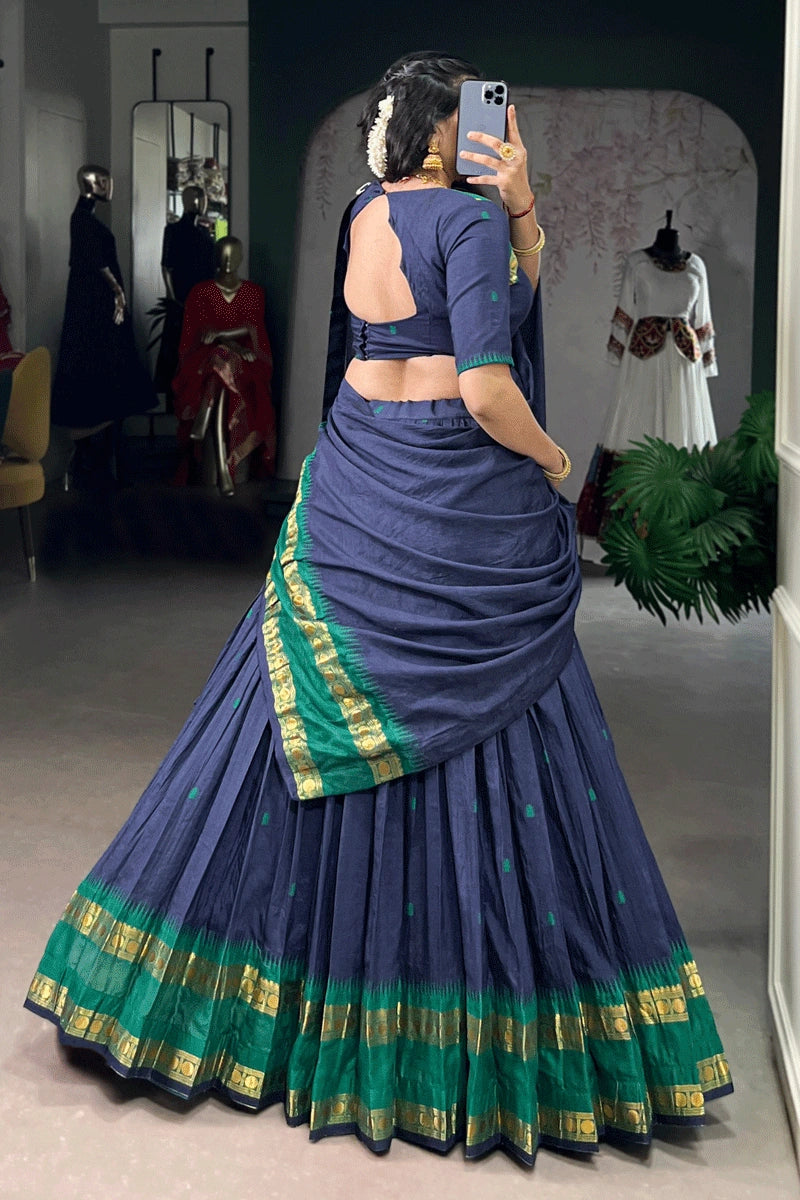 South Indian Style Navy Blue Color Half Saree For Girl