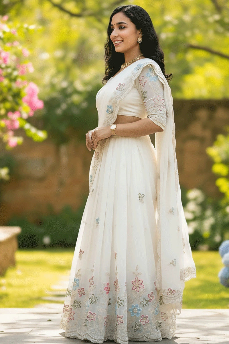 White Color Silk Fabric Embroidery Half Saree For Girl