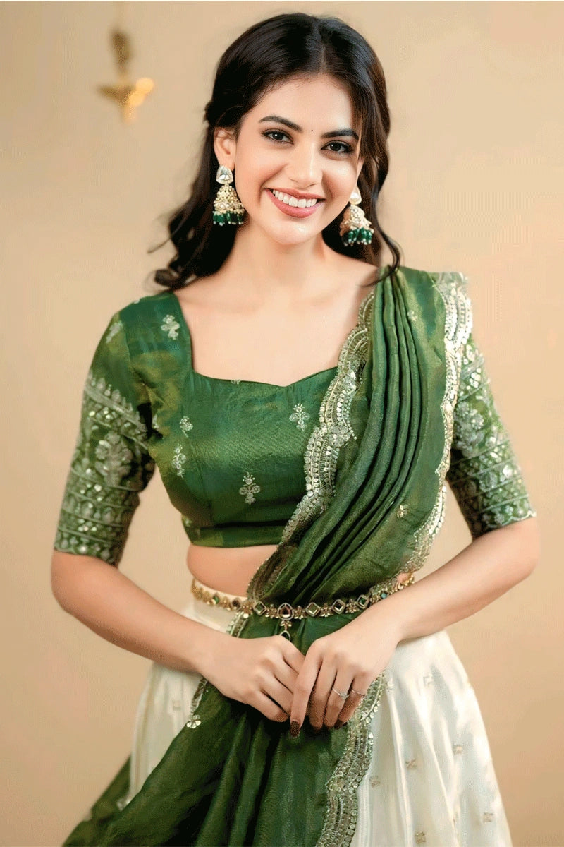 Onam Festival Special Green Color Half Saree For Women