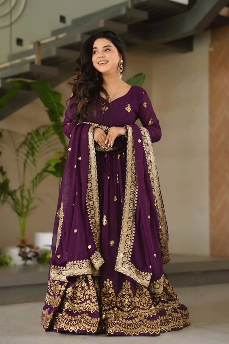 Purple Color Sequins Embroidery Work Anarkali Gown For Gen Z Girl