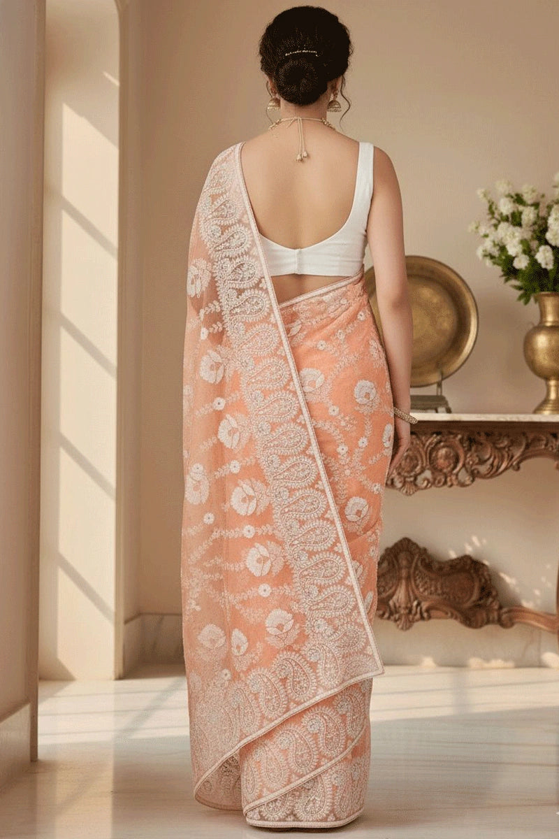 Chikankari Organza Fabric saree For Reception Party