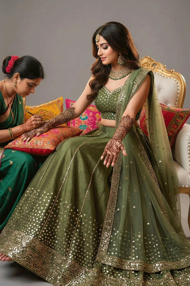 Designer Sequence Work Bridal Lehenga For Mehendi Rasam