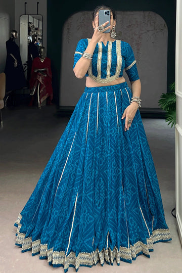 Fully Stitched Firozi Color Lehenga Choli For Garba Night