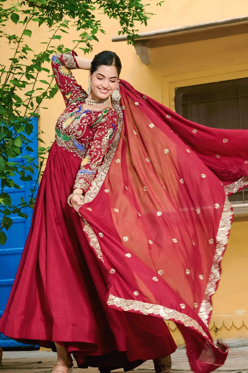 Long Sleeves Embroidery Work Gown For Karwa Chauth