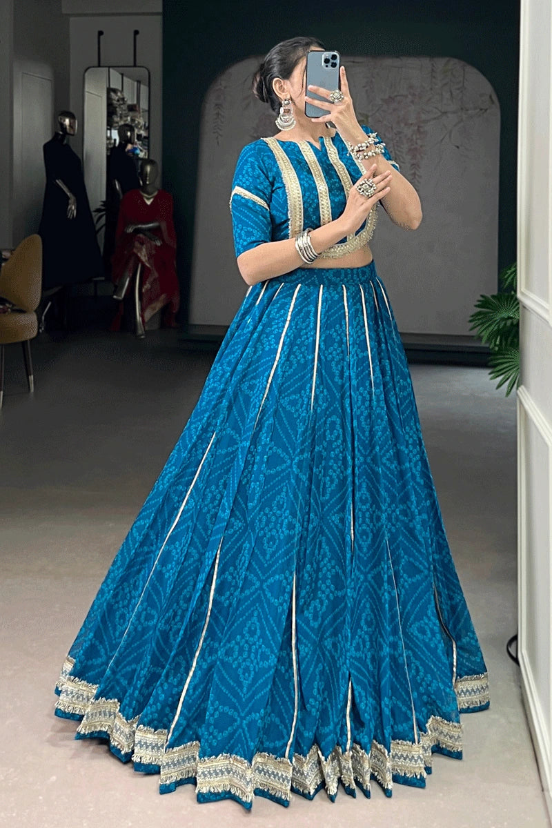 Fully Stitched Firozi Color Lehenga Choli For Garba Night