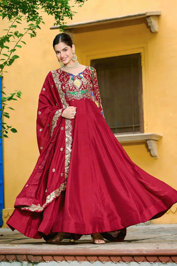 Long Sleeves Embroidery Work Gown For Karwa Chauth
