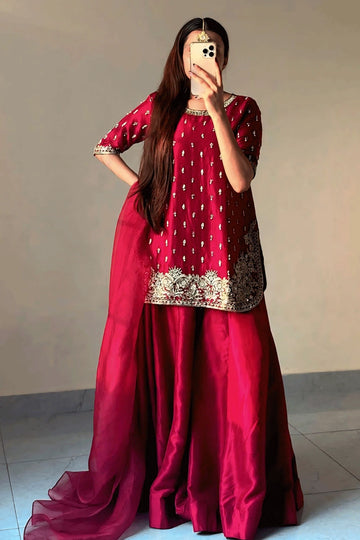 Beautiful Red Color Embroidery Work Dress For Karwa Chauth
