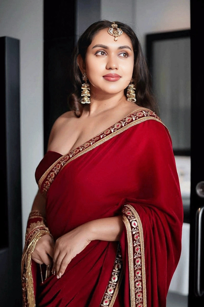Wedding Special Red Velvet Fabric Saree For Women