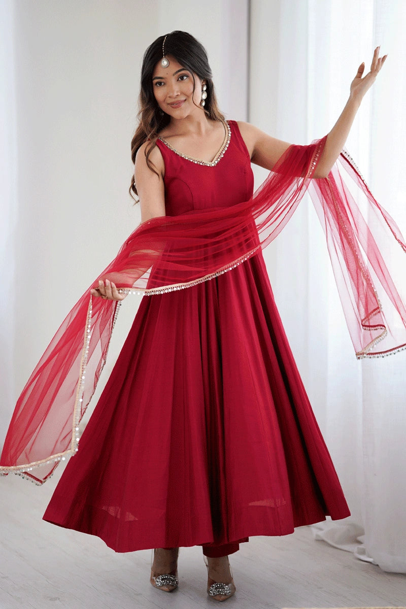 Traditional Heavy Flair Red Color Anarkali Suit For Gen Z Girls