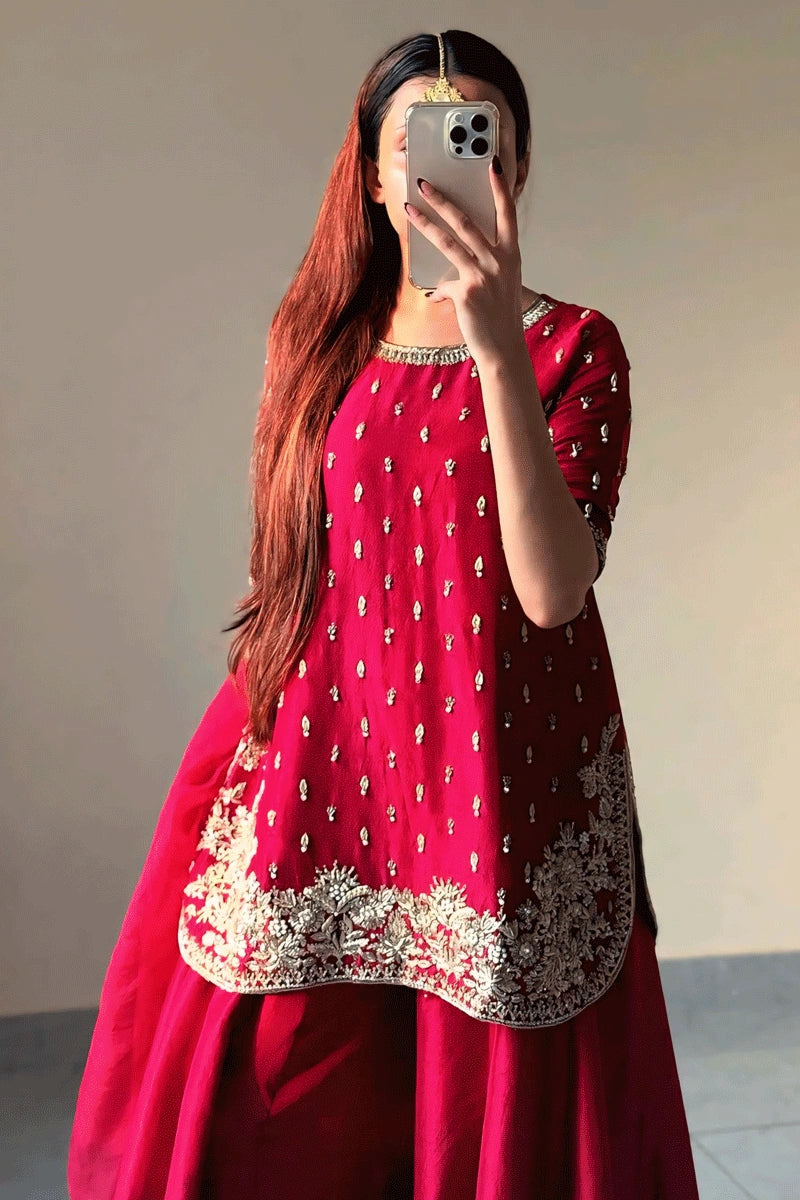 Beautiful Red Color Embroidery Work Dress For Karwa Chauth