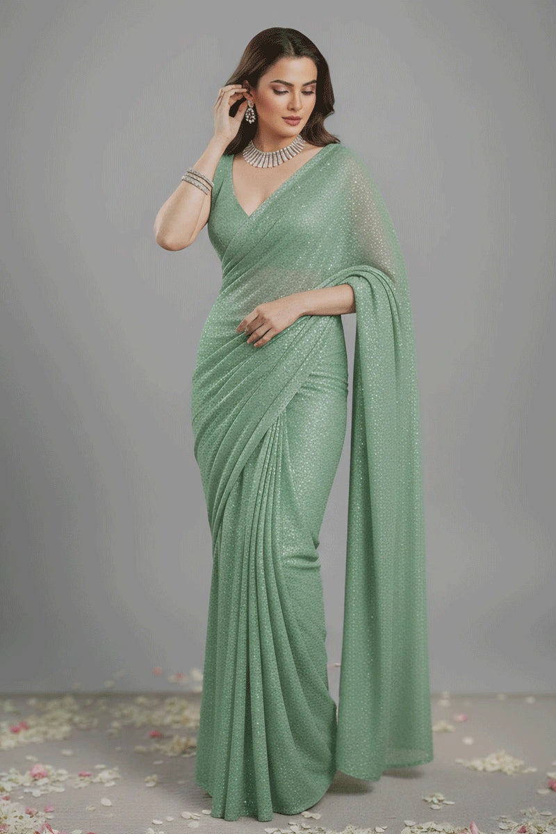 Stylish Designer Pista Color Saree For Wedding Guest Look