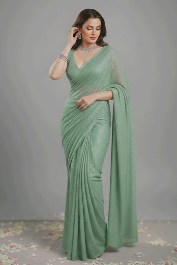 Stylish Designer Pista Color Saree For Wedding Guest Look