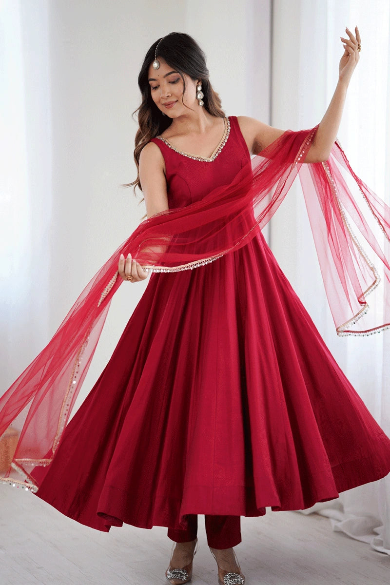 Traditional Heavy Flair Red Color Anarkali Suit For Gen Z Girls