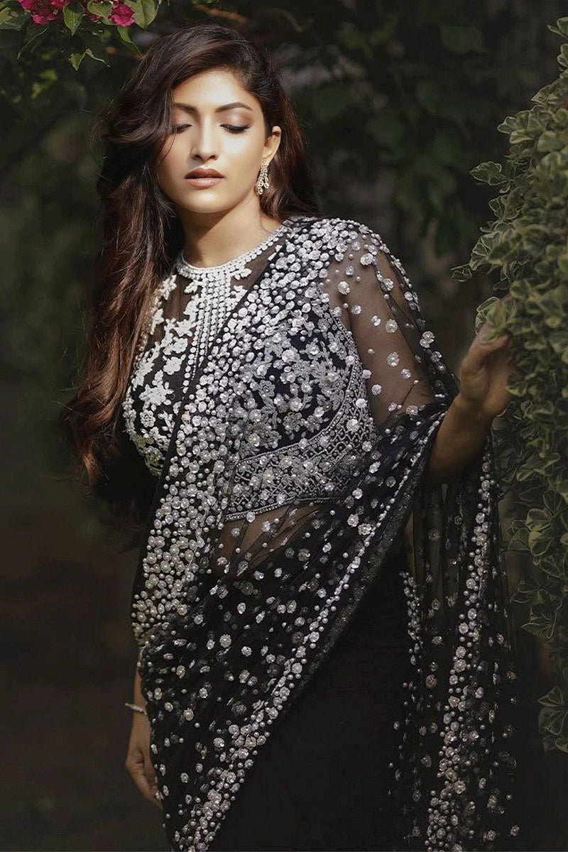 Soft Net Sequence Work Black Saree For Reception Party