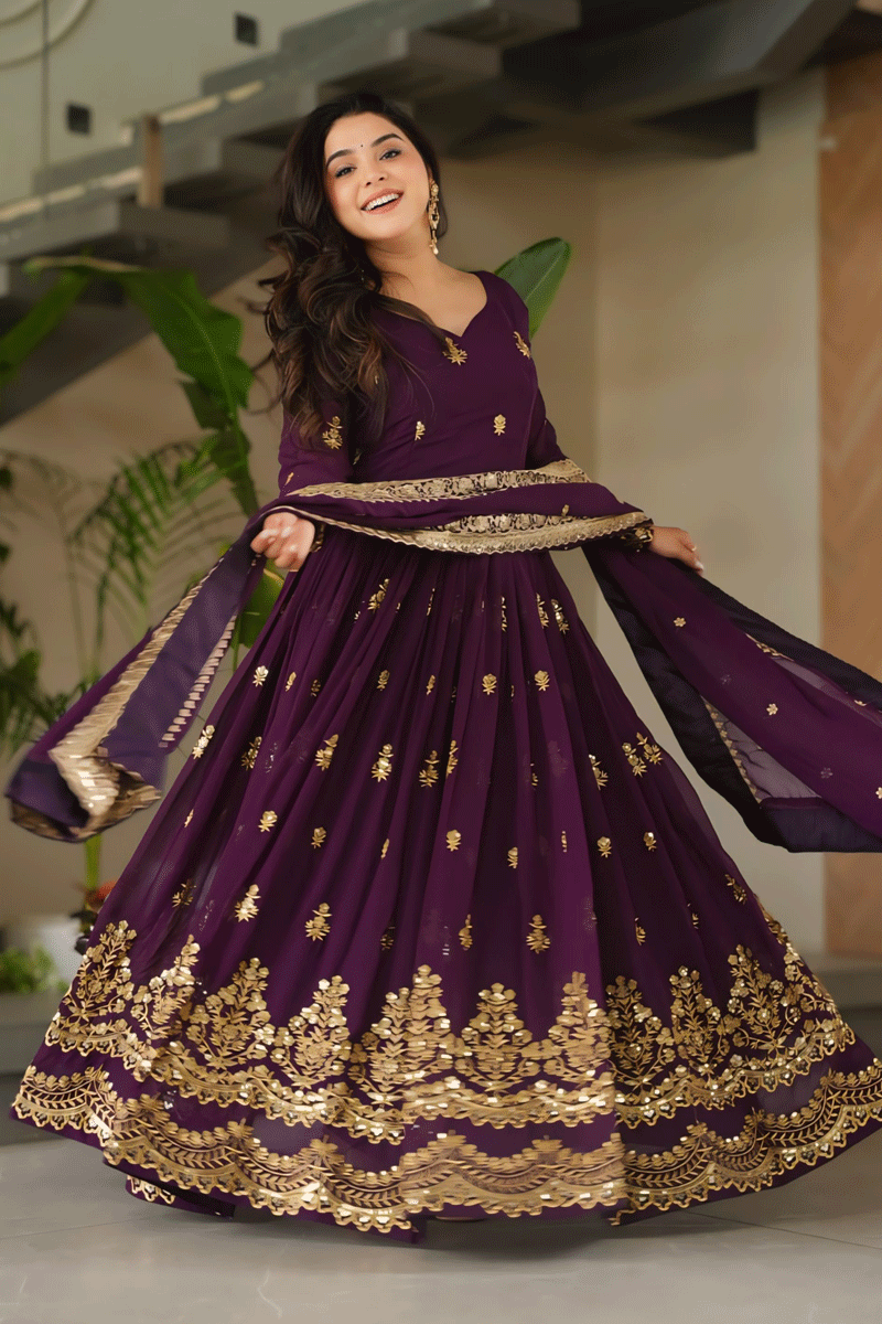 Purple Color Sequins Embroidery Work Anarkali Gown For Gen Z Girl