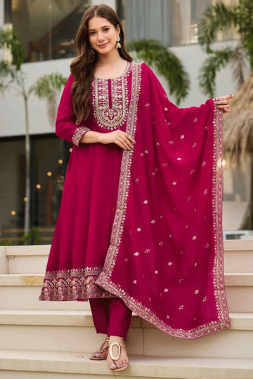 Heavy Embroidery Rani Pink Color Anarkali Suit For Diwali