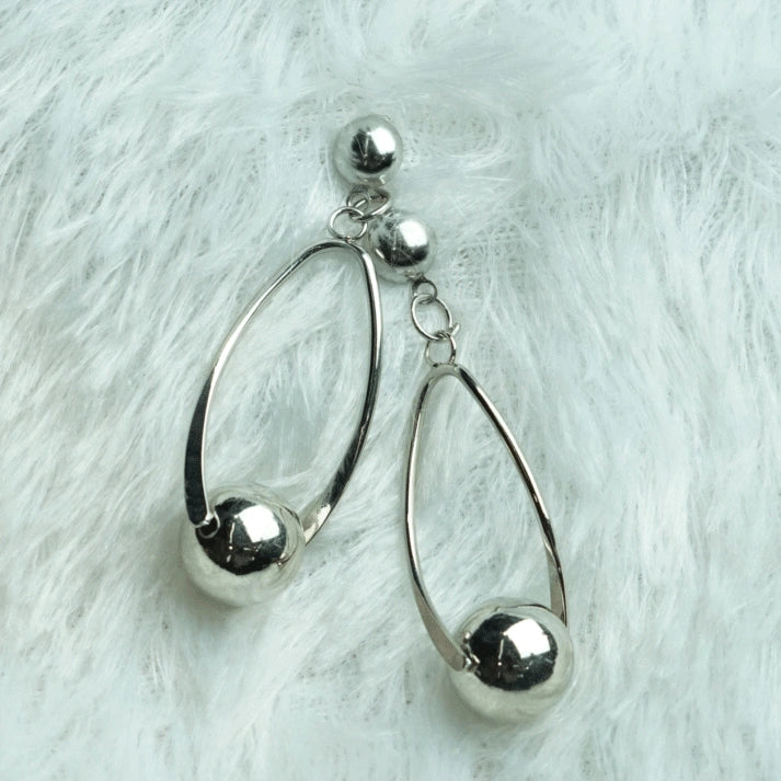 Trendy Silver Hoop Drop Earrings with Ball