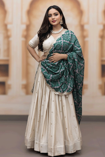 Off-White Color Lehenga Choli With Green Bandhani Print Dupatta For Wedding