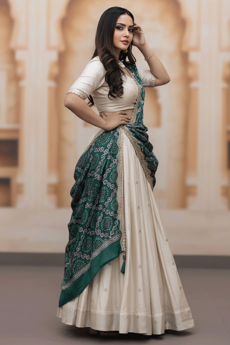 Off-White Color Lehenga Choli With Green Bandhani Print Dupatta For Wedding
