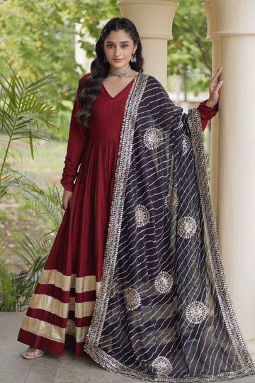 Designer Reyon Maroon Color Long Anarkali Suit For Diwali